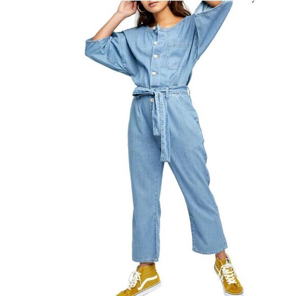 Free People Jumpsuit Marley Denim short sleeves high rise button size xs - Picture 2 of 11